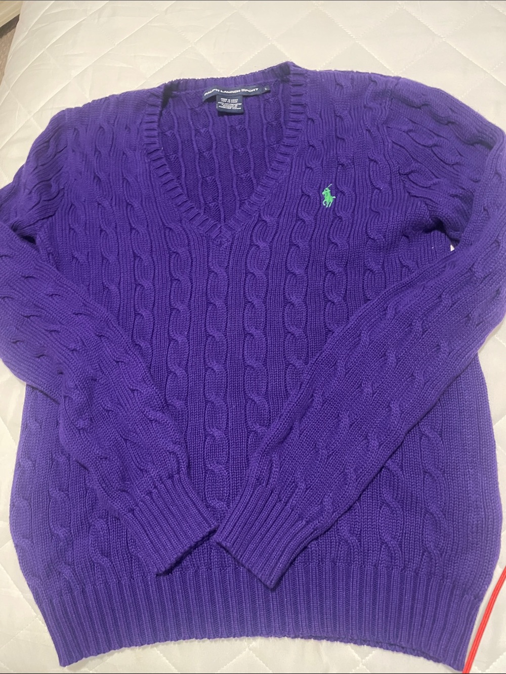 Ralph Lauren Purple Cable V-Neck Sweater with Green Pony Accent Darker Purple